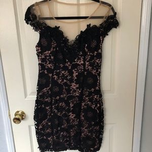 Windsor Black and Nude Lace Dress with V-Plunge
